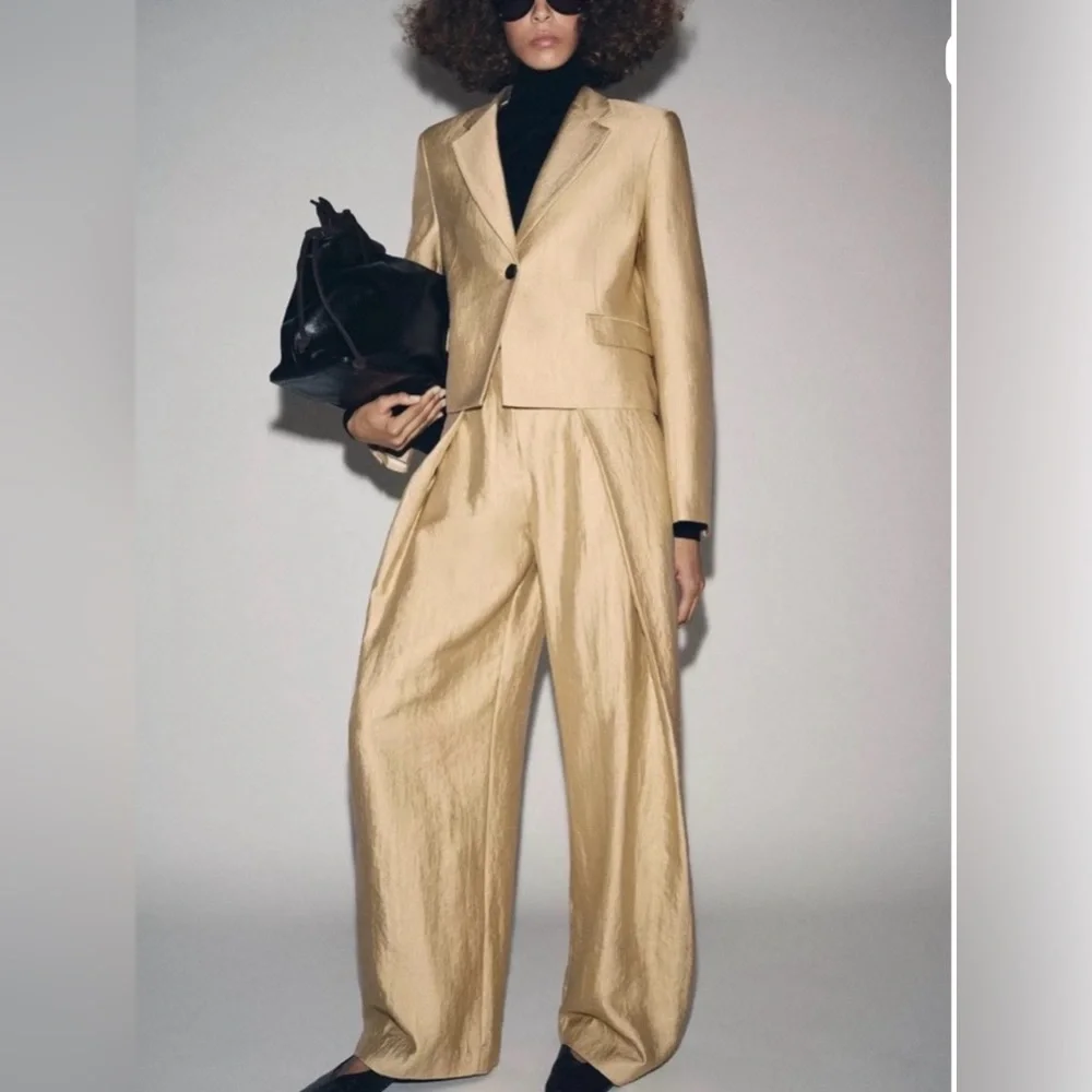 Zara Wide-Leg Pants in Light Gold - Picture 1 of 5